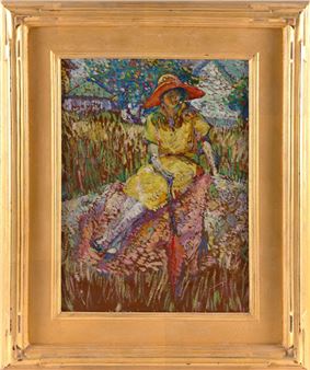 A figure in a straw hat sits amidst tall grass, rendered in an expressive, pointillist style.