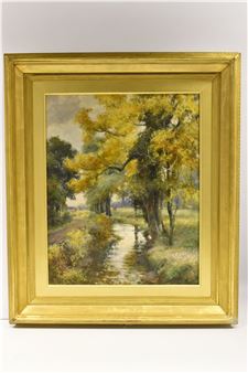 A framed landscape painting of a sunlit stream winding through a grove of yellow-leafed trees.