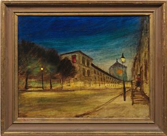 A painting of a street scene in a gold frame.