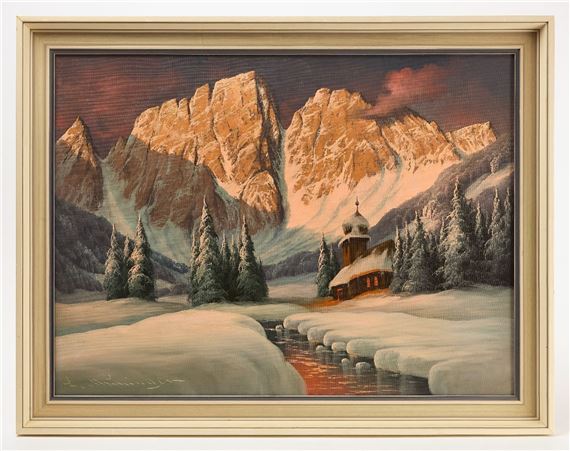 "A serene winter landscape featuring a small wooden chapel nestled between snow-covered mountains and evergreen trees."