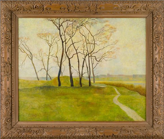 A painting of a grassy field with trees in the background.