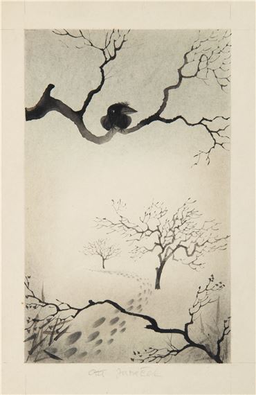 A black bird sitting on a tree branch.
