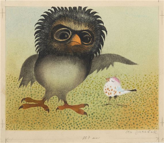 A drawing of an owl and a small bird on a green background.