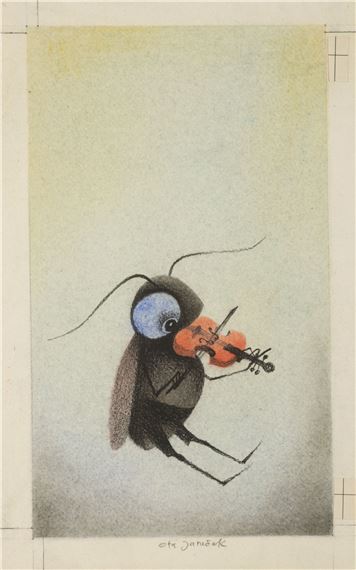 A drawing of a bug playing a violin.