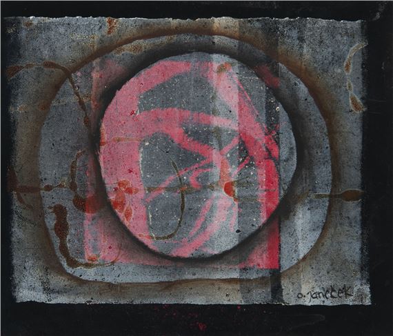 A painting of a red circle with a black background.