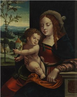 A classical painting of a woman holding a child against a landscape background.