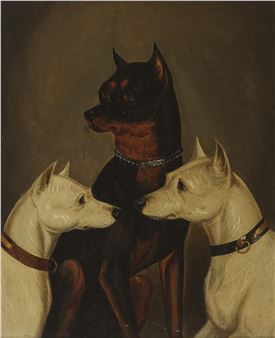 A classical oil painting featuring a black dog flanked by two white dogs against a dark background.