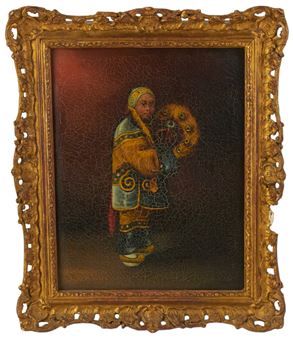A painting of a woman holding a bird in a gold frame.