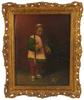 A painting of a child in a gold frame.