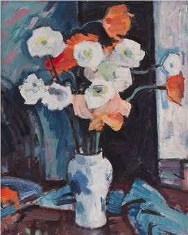 A painting of flowers in a vase on a table.