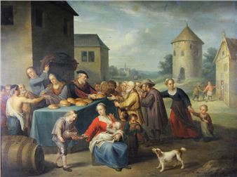 A painting of a group of people gathered around a table.
