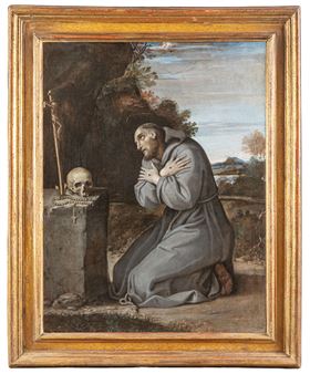 A painting of a man kneeling down next to a skull.