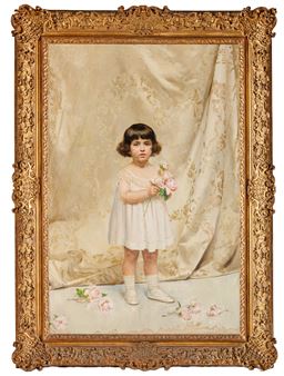 A painting of a little girl holding a bouquet of flowers.