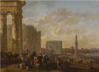 A painting of a view of the ruins of the Roman Forum in Rome.