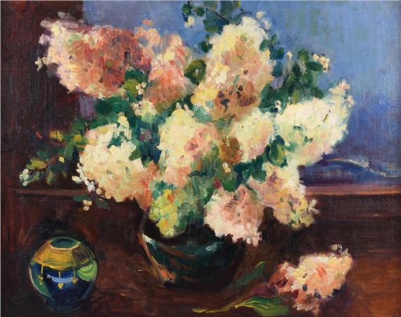A painting of flowers in a vase on a table.