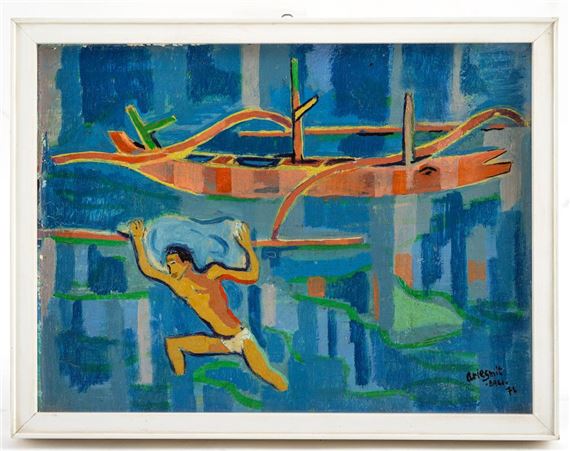 Arie Smit | Rice field with a depiction of a man carrying a filled sack ...