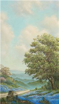 A serene landscape painting featuring a winding road through blue wildflowers under a soft sky.