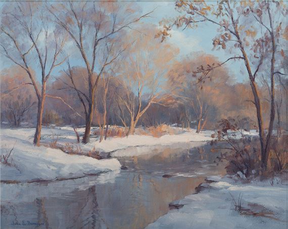 A serene winter landscape painting featuring a frozen stream winding through snow-covered banks and bare trees.