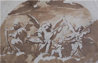 A drawing of a group of angels playing instruments in the sky.