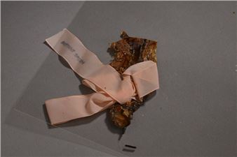 A piece of wood with a pink ribbon tied around it.