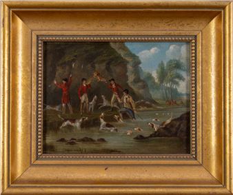 A framed painting of a hunting scene with figures in red coats and dogs near a river.
