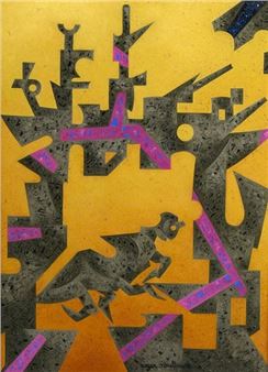 A vibrant abstract composition featuring a stylized figure amidst jagged geometric shapes.