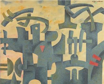 A geometric abstract composition featuring interlocking shapes in muted blues and reds against a warm background.