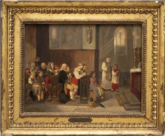 A painting of a group of people in a church.