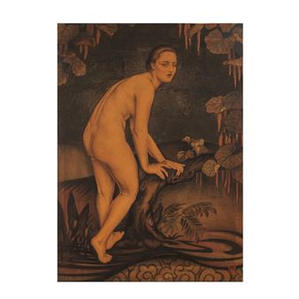 A nude figure stands in a stylized natural setting with large leaves and water.