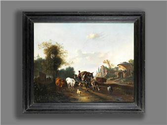 A painting of a man on a horse drawn carriage with cattle.