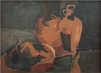 A still life featuring a large orange vase and a smaller dark vessel against a dark background.