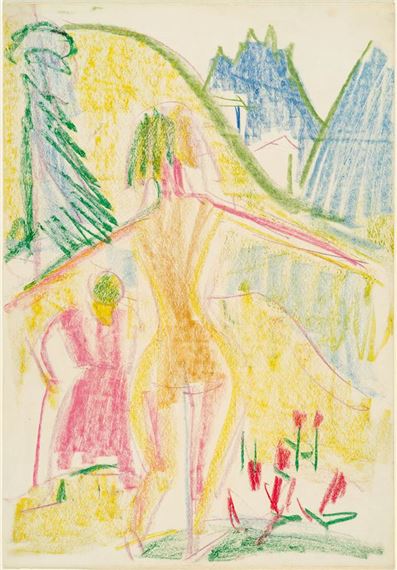 A drawing of a woman standing in front of a mountain.