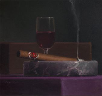 A still life painting featuring a smoking cigar, a glass of red wine, and an ashtray on a purple cloth.