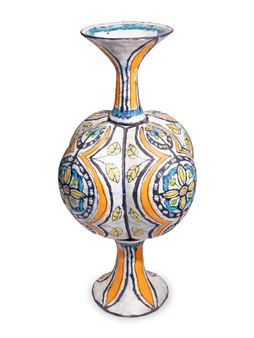A hand-painted ceramic vase featuring a bulbous body, flared neck, and geometric floral patterns in orange, blue, and yellow.