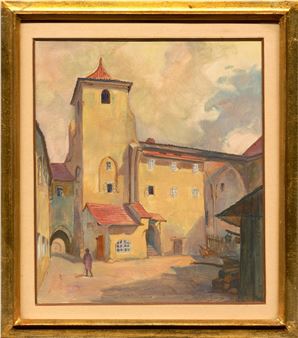 A painting of a street scene with a church in the background.