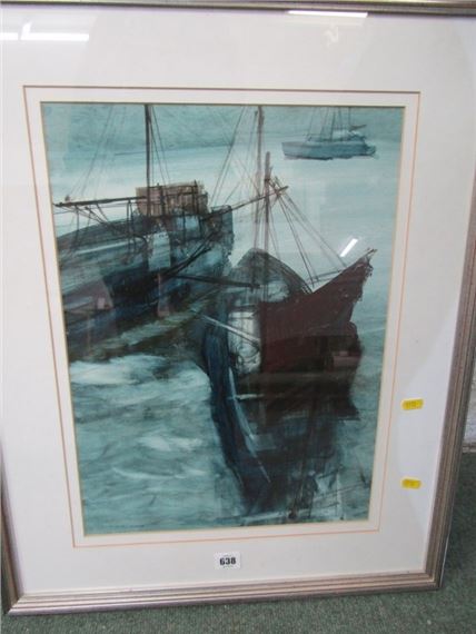 A framed painting of two fishing boats in choppy water with a distant sailboat.