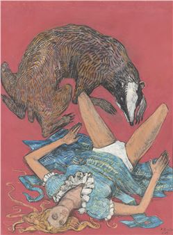 A surreal painting of a figure lying on the ground beneath a large badger-like creature against a solid red background.