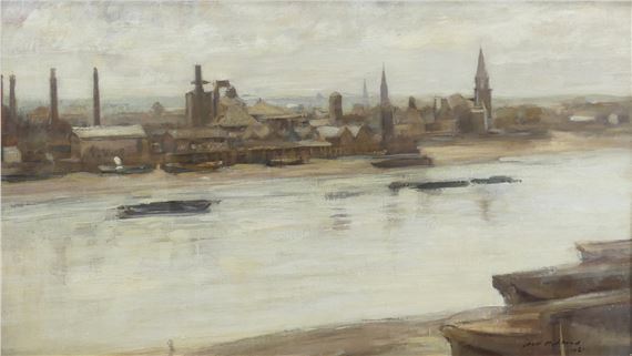 A muted landscape painting of an industrial riverside town with factories, chimneys, and boats under a cloudy sky.