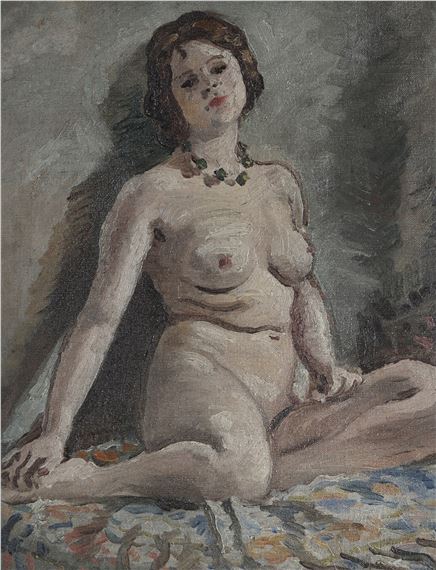 A seated nude figure with dark hair and a necklace, rendered in soft, impressionistic brushstrokes against a muted background.