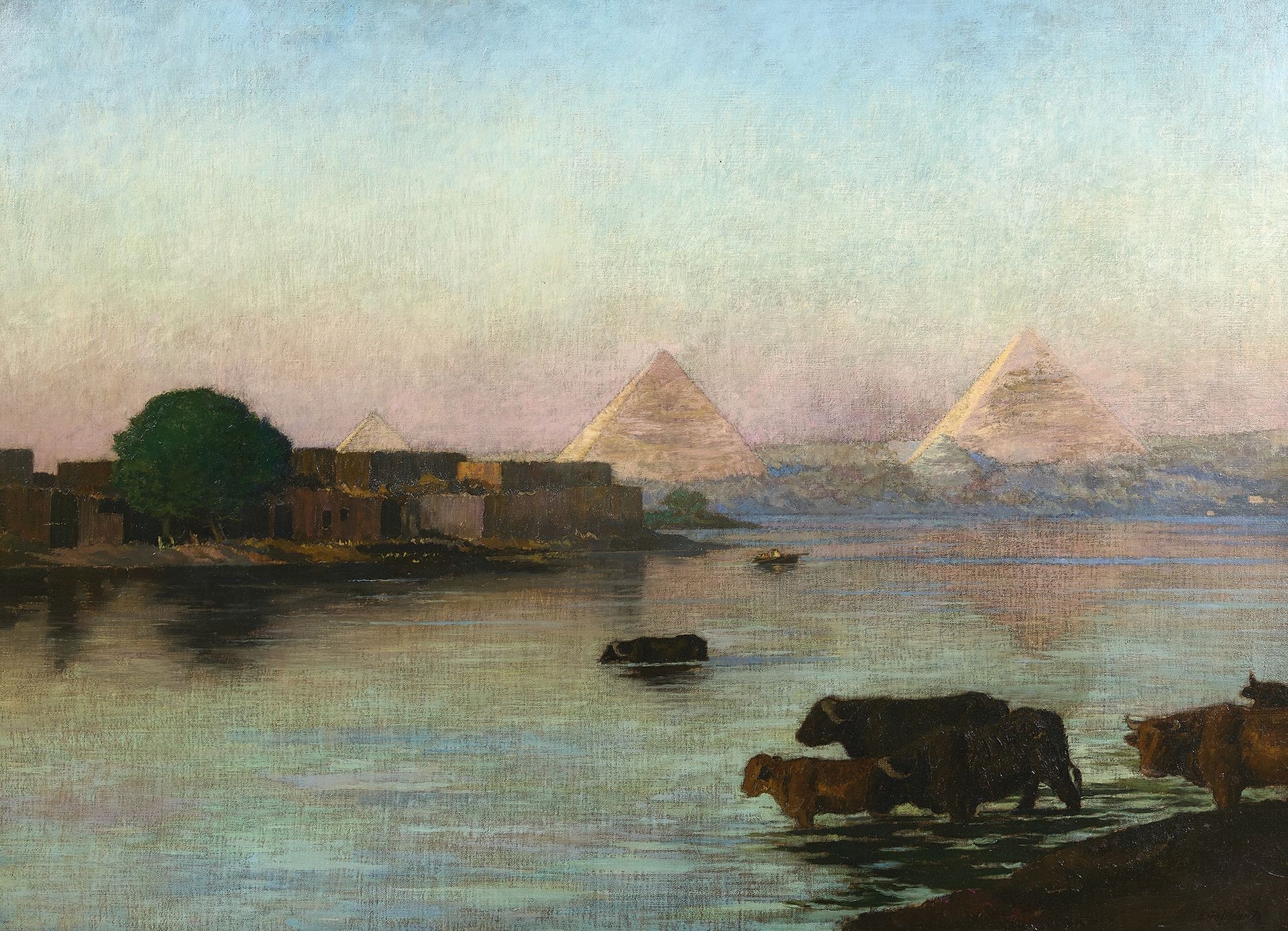 Marie Auguste Emile René Menard | Rising Sun over the Pyramids | MutualArt