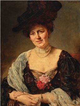 A painting of a woman in a black dress and hat.