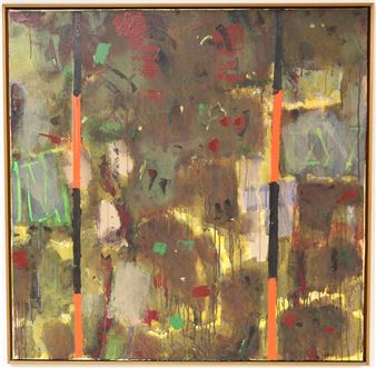 An abstract expressionist painting featuring vertical orange and black stripes against a mottled background of earthy greens, browns, and reds.