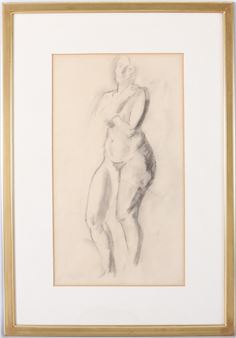 A charcoal sketch of a nude figure standing with arms crossed.