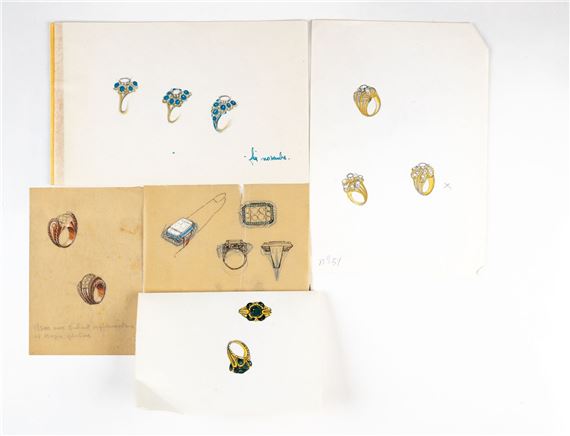 Pierre Conroux | five gouache drawings or sketches on card and tracing ...