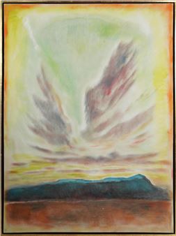 A pastel landscape painting featuring a dark mountain silhouette against a bright, glowing sky.