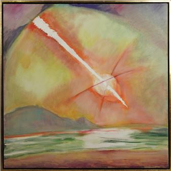 A vibrant abstract landscape featuring a radiant sunburst over a serene horizon.