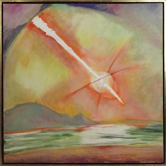 A vibrant abstract landscape featuring a radiant sunburst over a serene horizon.