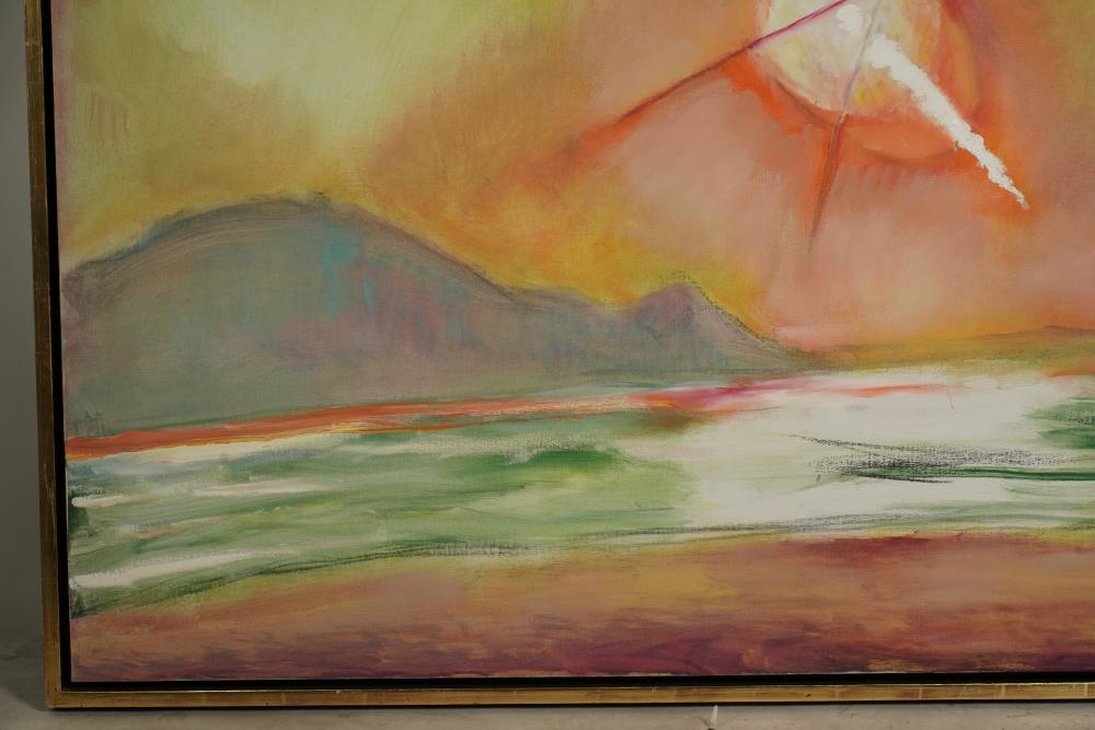 A vibrant abstract landscape featuring a radiant sunburst over a serene horizon.