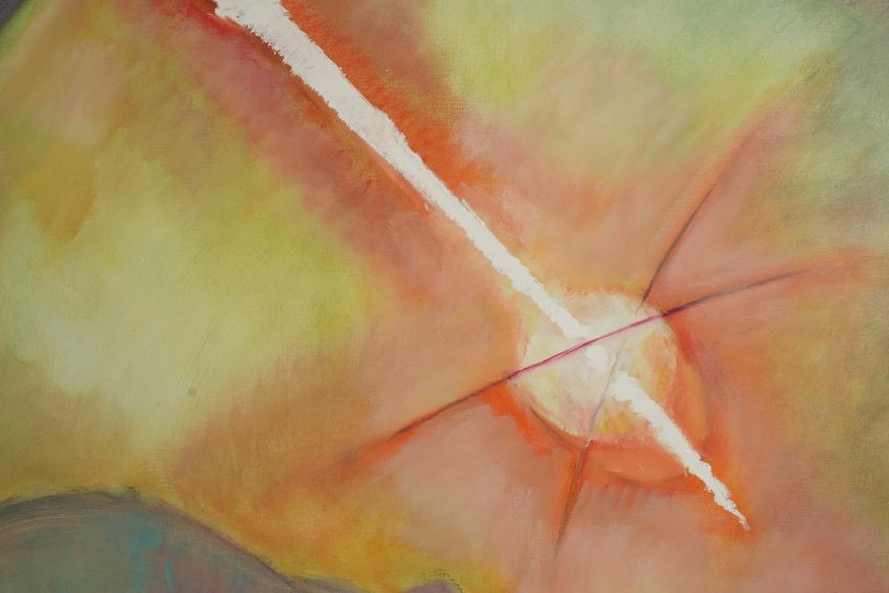 A vibrant abstract landscape featuring a radiant sunburst over a serene horizon.