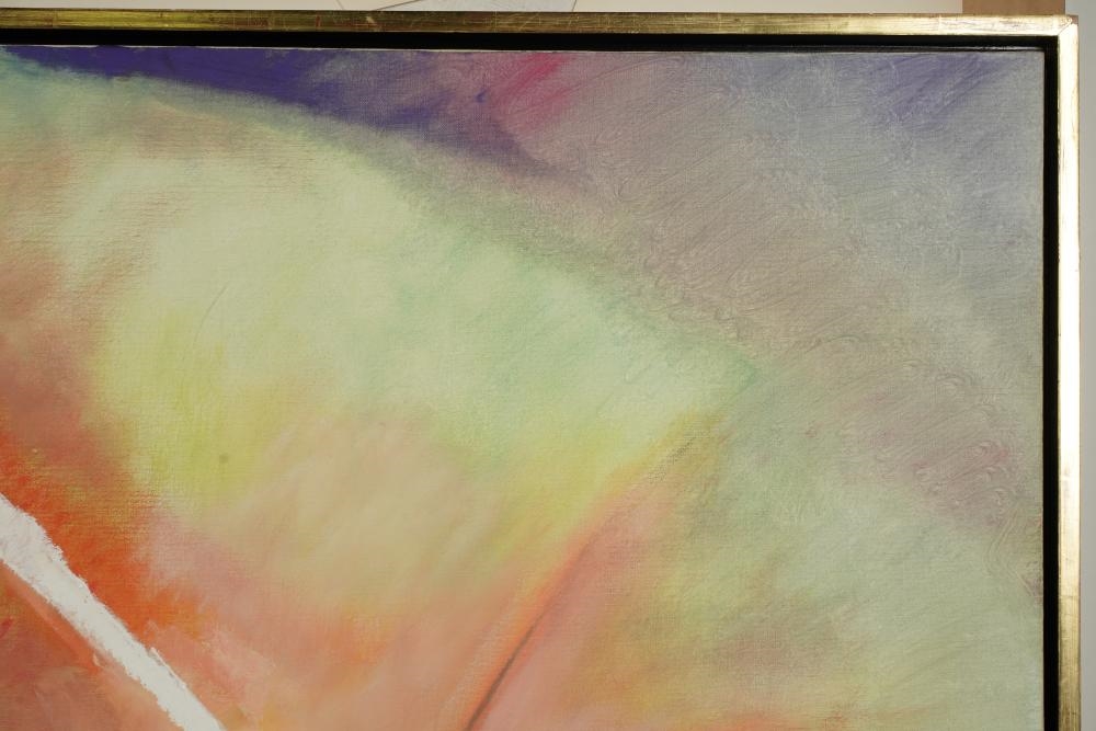 A vibrant abstract landscape featuring a radiant sunburst over a serene horizon.